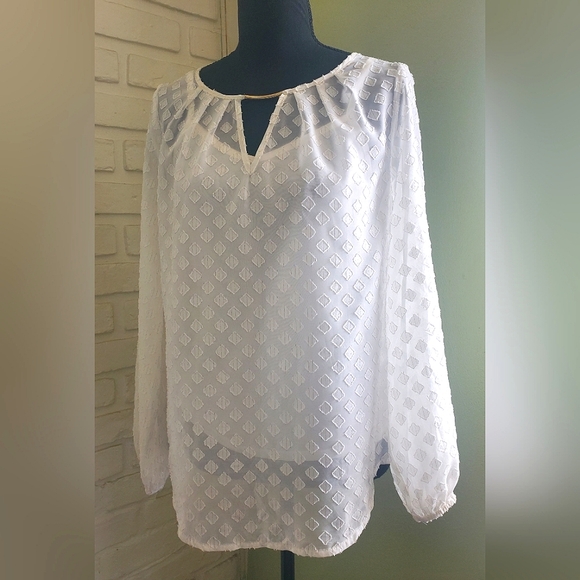 Liz Claiborne Chiffon Keyhole Blouse Long Sleeves Ivory Gold Size XS - Picture 13 of 13